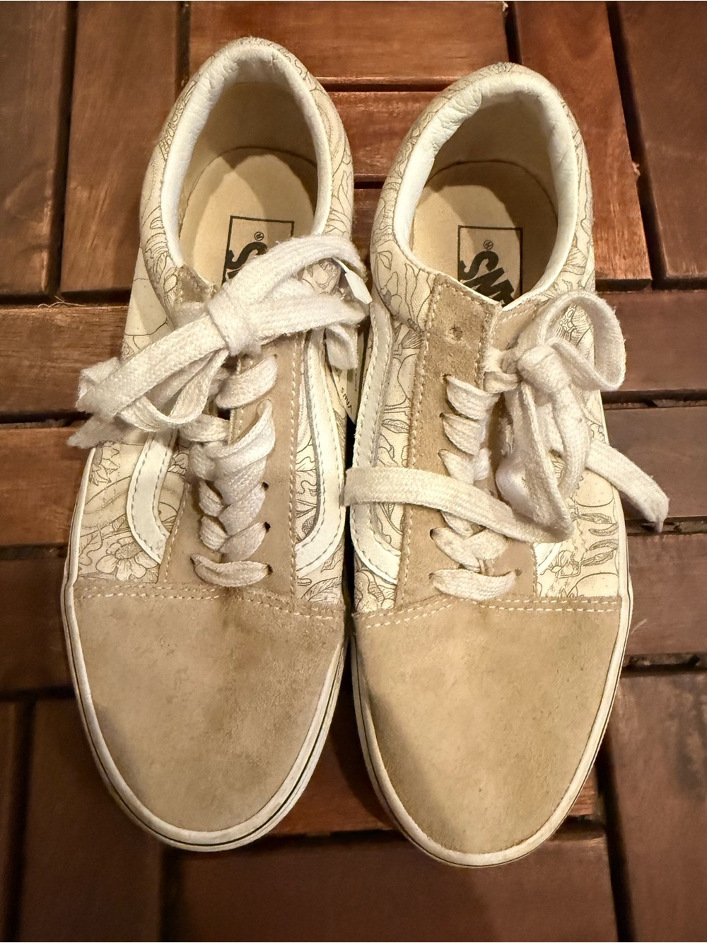 Vans Beige Suede & White Floral Canvas Old Skool Sneakers
